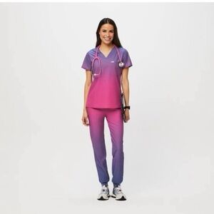 Figs pink/purple ombre scrub set. Top personalized w/“Ashley, RN” above pocket